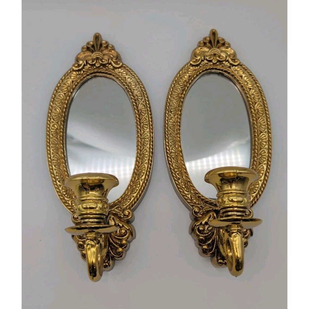 VTG Home Interior Wall Sconces x2 w/ Mirror & Candle Holder Hollywood Regency